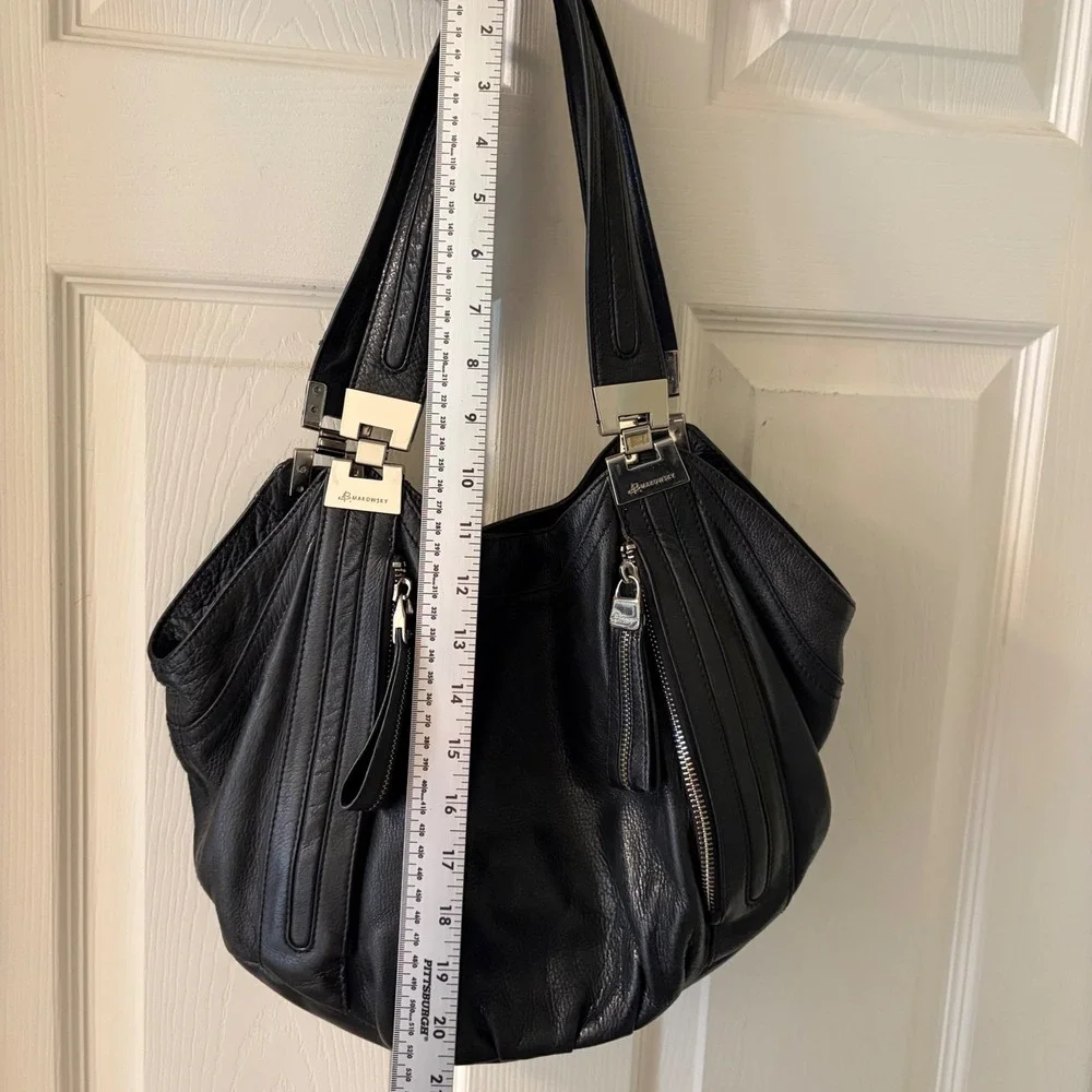 B. Makowsky Black Genuine Leather Large Hobo Shoulder Bag Silver Hardware